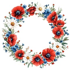 Watercolor Floral Wreath with Red Poppies Blue Cornflowers and Daisies