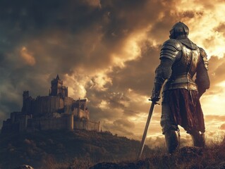 Naklejka premium Noble knight in shining armor standing under a dramatic sky near a mythical medieval castle