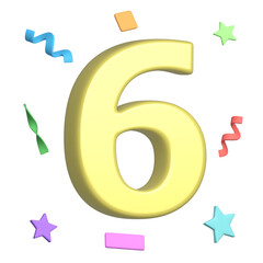 Yellow number 6 with confetti on background. Number six. Suitable for greeting cards, banners, flyers, postcards, birthday celebration designs. 3d rendering