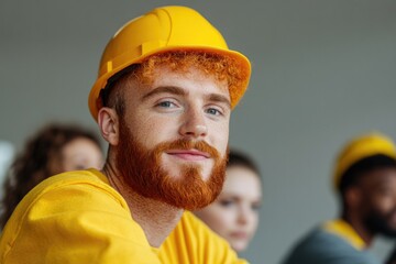 Brightly dressed worker with orange hair wears yellow safety gea