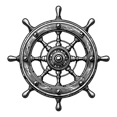 classic wooden ship wheel, symbolizing navigation, sailing, and maritime tradition engraving generative ai sketch PNG illustration
