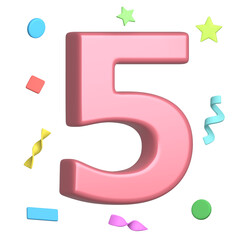 Red number 5 with confetti on background. Number five. Suitable for greeting cards, banners, flyers, postcards, birthday celebration designs. 3d rendering