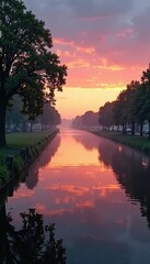 Obraz premium Misty canal waters reflected in calm surface of Ring canal at dawn, canals, polder