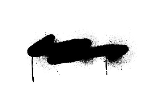 Black spray paint with ink splatters vector shape, vector abstract graffiti spraying textured stain with dripping effect