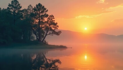 Obraz premium Misty cypress trees rise from murky waters at sunset, golden hour, sun