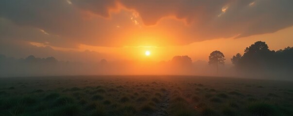 Fototapeta premium Misty dawn breaks over a dull greyish-brown sky, atmospheric, soft