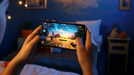 Little boy play game on cell mobile phone. Male kid enjoys gaming on smartphone. Cozy home evening atmosphere. Gameplay addiction. Modern digital entertainment. leisure, youth culture. Playful child.