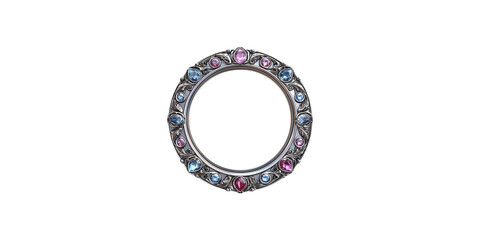Ornate silver circular frame with gemstones isolated on transparent background
