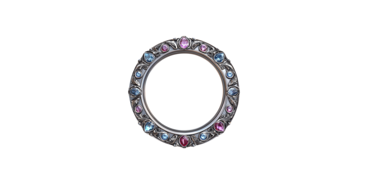 Ornate silver circular frame with gemstones isolated on transparent background