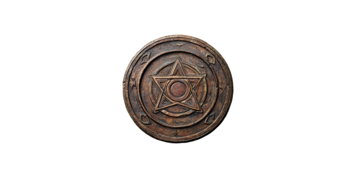Antique wooden shield with star emblem isolated on transparent background