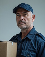A middle aged male delivery driver in a uniform holding a package close up portrait on plain background