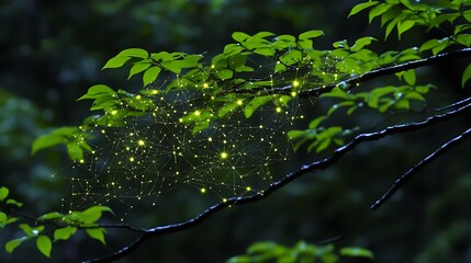 Fototapeta premium A tree branch with digital lights and green leaves in focus