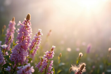 Obraz premium Delicate spring background with wildflowers in fog with sunbeams.