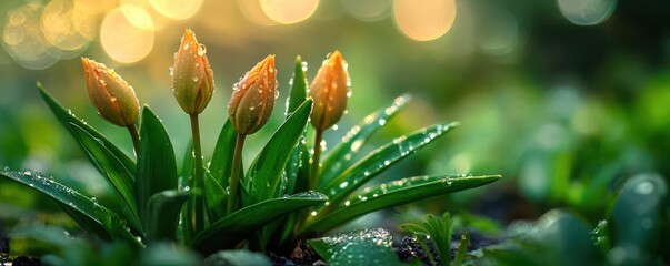 Fototapeta premium New flower buds in a garden after rain, symbolizing the start of new life