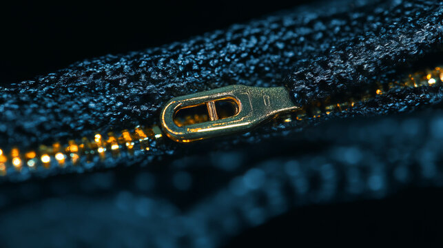 Close-up of gold zipper puller with engraved design on textured black fabric background - Powered by Adobe