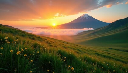 Misty dawn on Sicily's green meadows with Etna volcano in the background, landscape, misty, sunrise