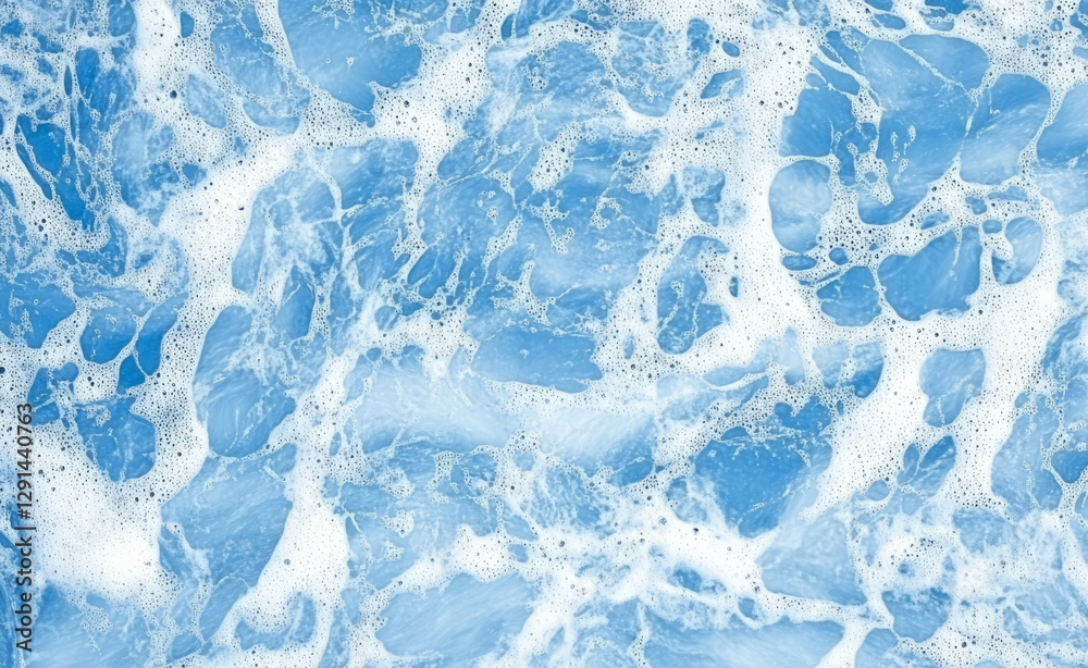 Poster refreshing blue background with white soap foam texture for design and decoration