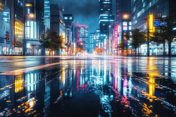 Obraz premium Wet city street illuminated by neon lights and skyscrapers