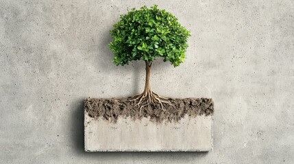 A small tree growing from a concrete slab.