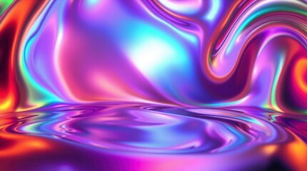 Fototapeta premium Iridescent fluid space with holographic waves of blues, purples, pinks, and oranges swirling.
