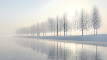 A row of trees reflects in the calm lake water