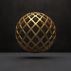 Floating golden lattice sphere contrasts with dark background, s