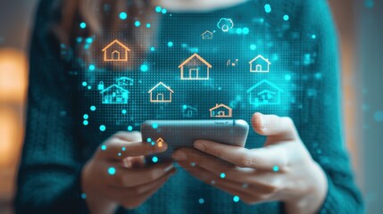 A person holds a smartphone with glowing house icons, showcasing digital real estate and technology interaction.