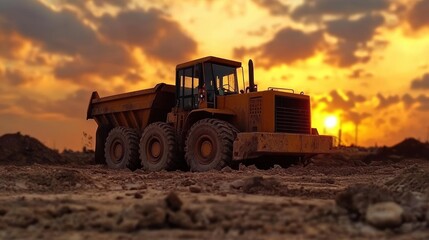 Obraz premium Heavy machinery operations at sunset construction site industrial landscape earth moving dramatic viewpoint