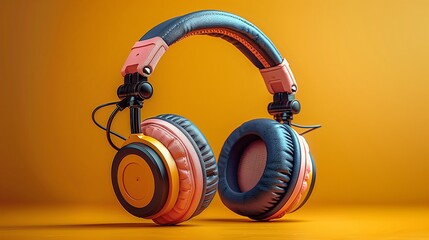 Naklejka premium A pair of stylish headphones with a combination of blue, black, and pink colors, set against an orange background, highlighting modern design and vibrant aesthetics.