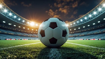 Obraz premium A close-up view of a soccer ball on a well-maintained field with stadium lights illuminating the background during sunset