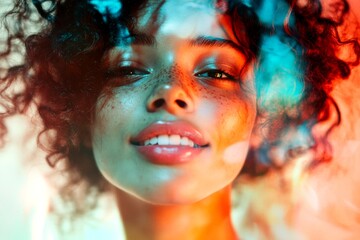 Obraz premium Commercial digital ads visual idea. Attractive happy mixed-race girl - for ads, media and social social media ad use. Short trim - curly hair. Portrait style photo. Short hair concept ad.