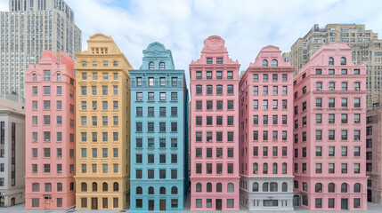 Naklejka premium Colorful city buildings, urban landscape, architectural detail, pastel hues, downtown