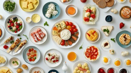 Flat lay of various healthy foods on a white table.