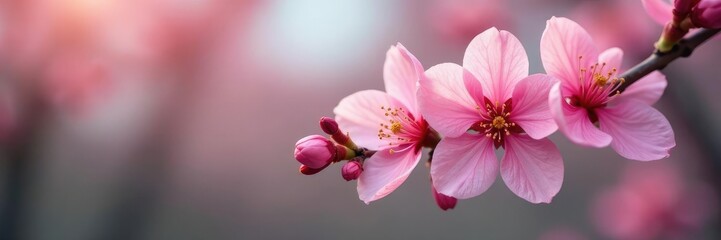 Obraz premium Soft pink petals unfolding from a delicate branch, pink blooms, tree in bloom, blossoms