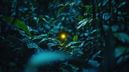 A solitary firefly glows among lush green foliage at dusk