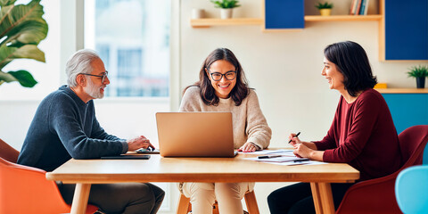 Fototapeta premium Husband and wife getting financial advice from a professional at home planning for their retirement