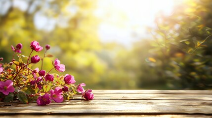 Purple Flowers on Wooden Table with Sunny Background