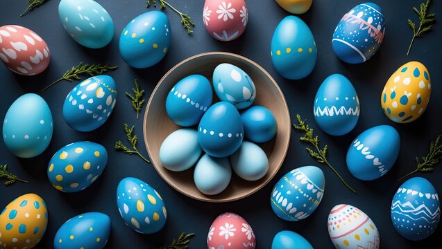 Colorful decorated Easter eggs in various shades of blue, surrounded by greenery on a dark surface