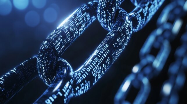 3d render of a chain with binary code  a visual concept for blockchain and digital transformation