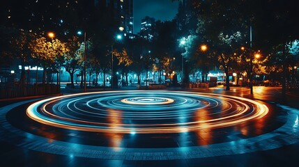 A long-exposure urban scene where streetlights create glowing, concentric circles around a geometric plaza design