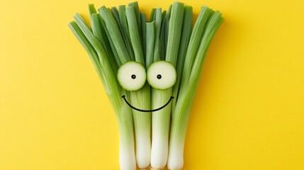 Leek arranged in a smiley face composition, placed on a cheerful yellow background