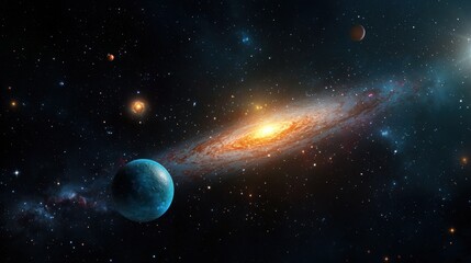 Fototapeta premium Astronomy celestial gradient planets. A stunning view of a galaxy with a planet in the foreground, surrounded by stars and cosmic elements.