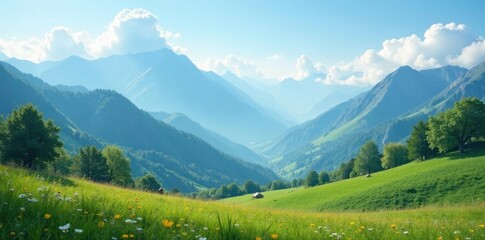 Obraz premium Soft white clouds drift lazily over serene spring mountains, mountains, gentle, peaceful