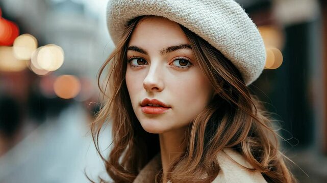 Beautiful woman wearing a white beret strolls through the rainy streets of Paris, Beautiful woman in a white beret on the street in Paris