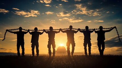 A group of people holding chains in front of a building.
