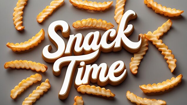 Golden crispy fries arranged playfully on a neutral backdrop with a bold text overlay reading 'Snack Time'