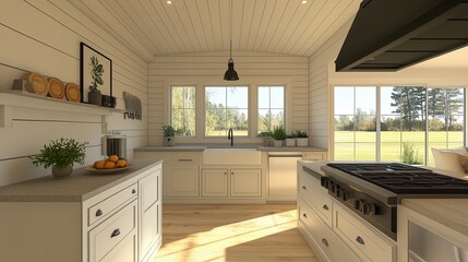 Serene Kitchen Interior: A bright, inviting kitchen interior with a clean, modern design. Featuring natural light and views of the outdoors, this space exudes warmth and functionality.