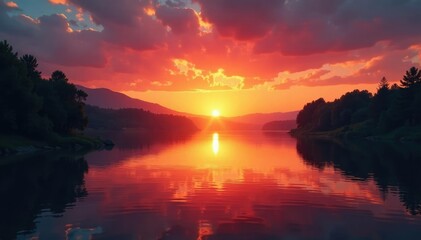 Obraz premium Warm light spreads across river water as sunset fades, serene, peaceful, twilight