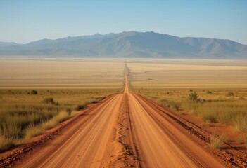 Fototapeta premium Long Dirt Road Through a Desert with Distant Mountains