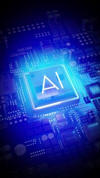 Artificial intelligence - AI word on computer processor and light rays - 3D 4k vertical animation (2160x3840 px)